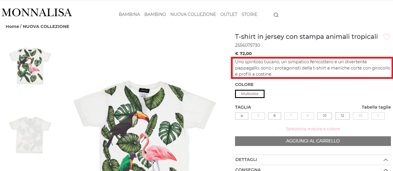 Descrizione prodotto efficace Monnalisa nella scheda prodotto ecommerce