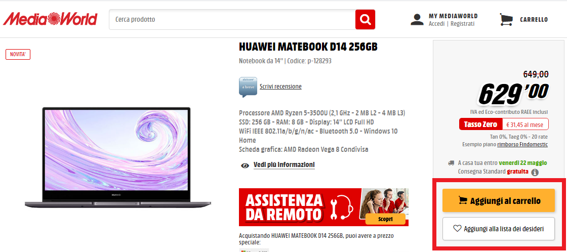 Call to action MediaWorld ecommerce