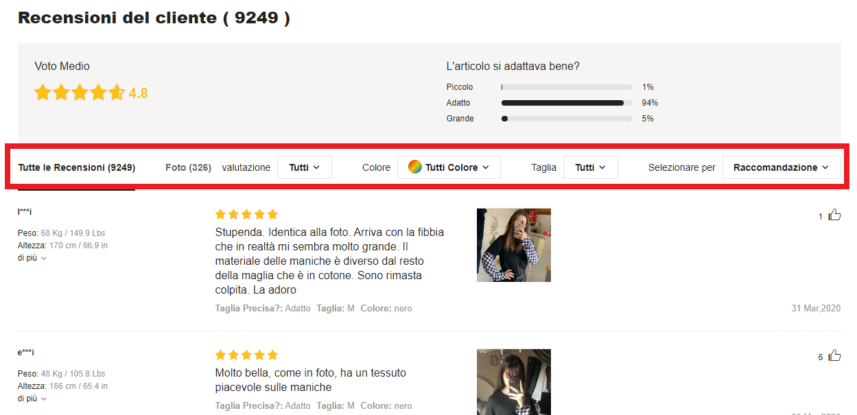 esempio di filtro recensioni clienti