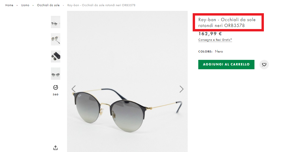 Esempio nome articolo nella scheda prodotto ecommerce