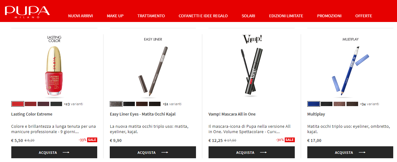 Ecommerce Pupa prodotti in Saldo