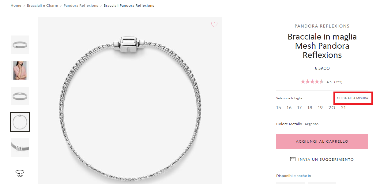 Esempio scheda prodotto ecommerce Pandora