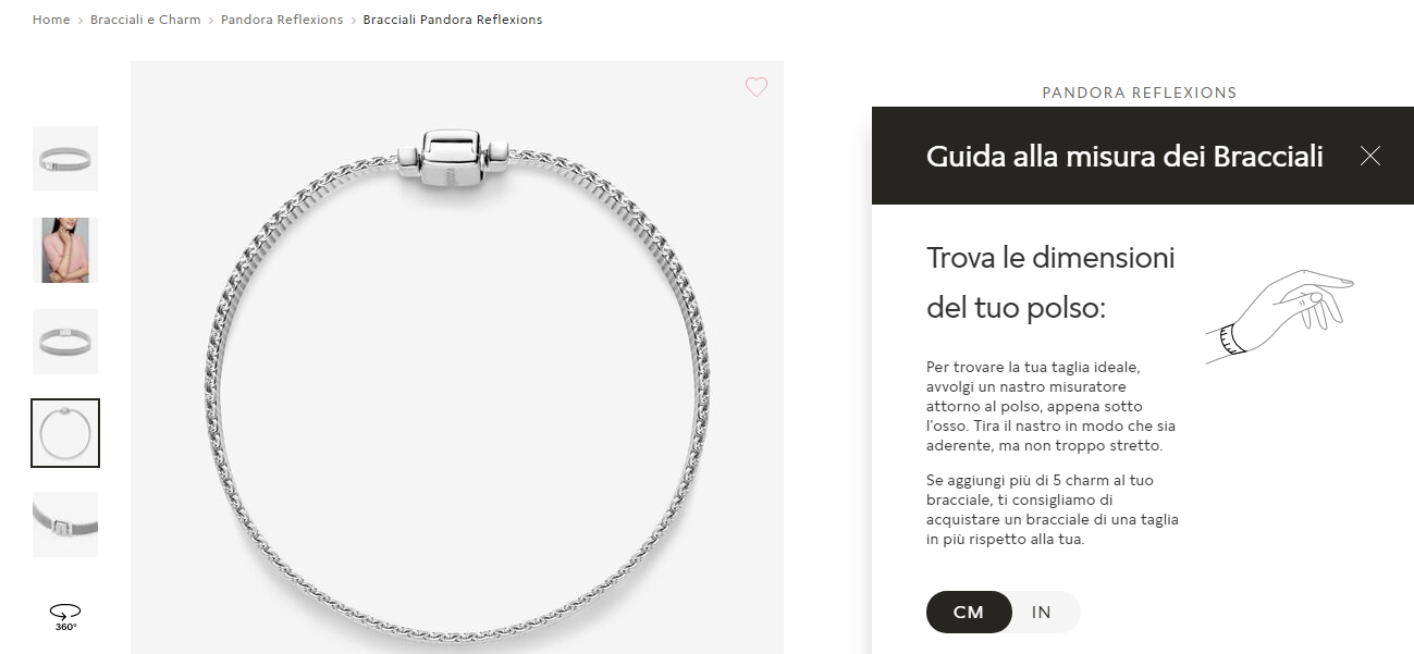 Guida alle taglie Pandora scheda prodotto ecommerce