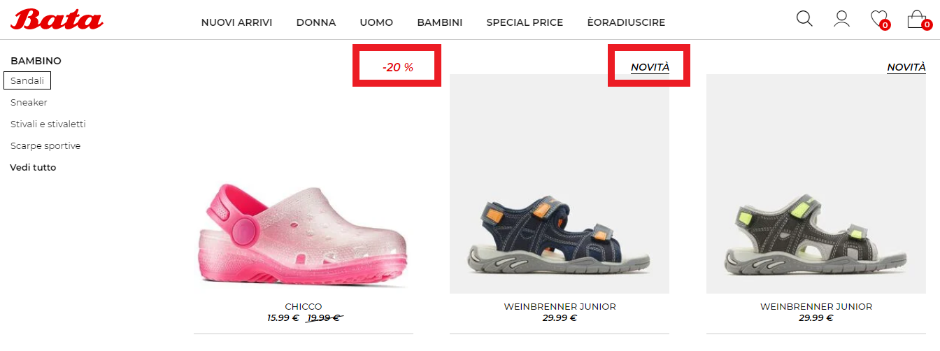 Ecommerce Bata bollini in evidenza