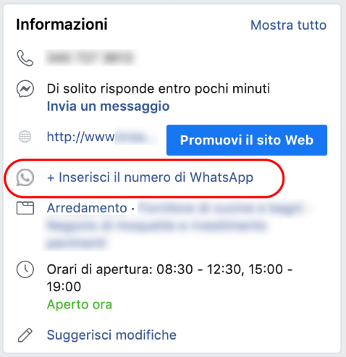 pagina Facebook di un negozio - contatto Whatsapp