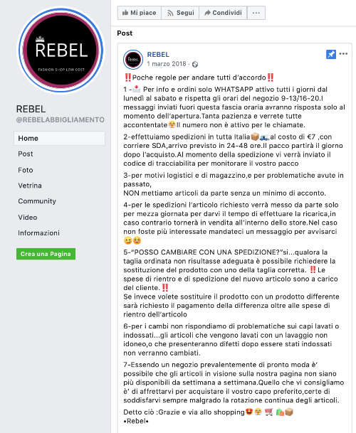 pagina Facebook di un negozio - il post fissato in alto