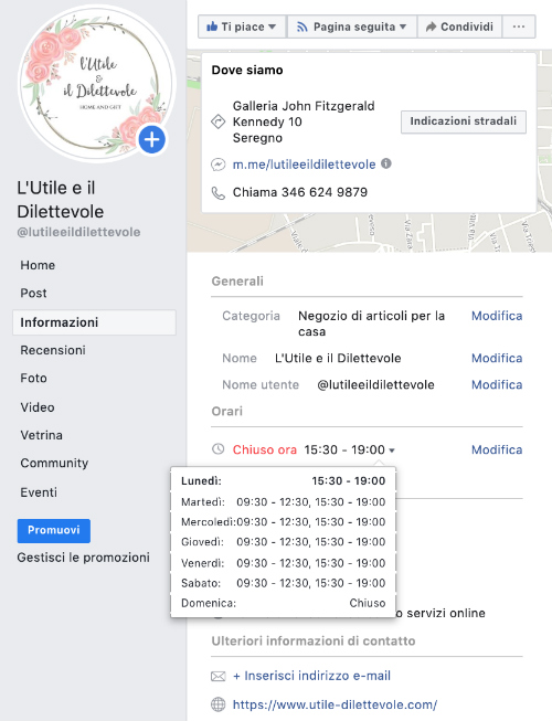 pagina Facebook di un negozio - le informazioni della pagina