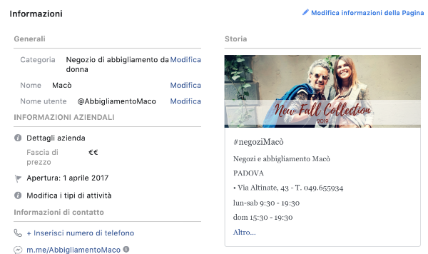 pagina facebook di un negozio - la storia 